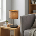 Tafellamp gepoedercoat staal met stoffen kap, minimalistisch Eco, bruin en zwart, Ø 20 cm, E27 voor bureau of nachtkastje