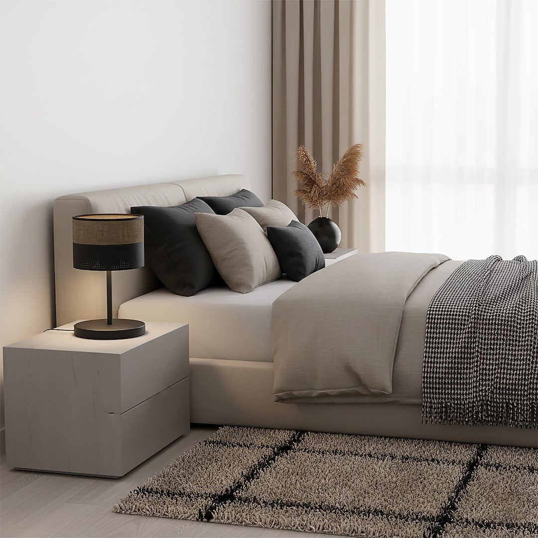 Tafellamp gepoedercoat staal minimalistisch Karbon, zwart met bruin stoffen kap Ø 20 cm, E27