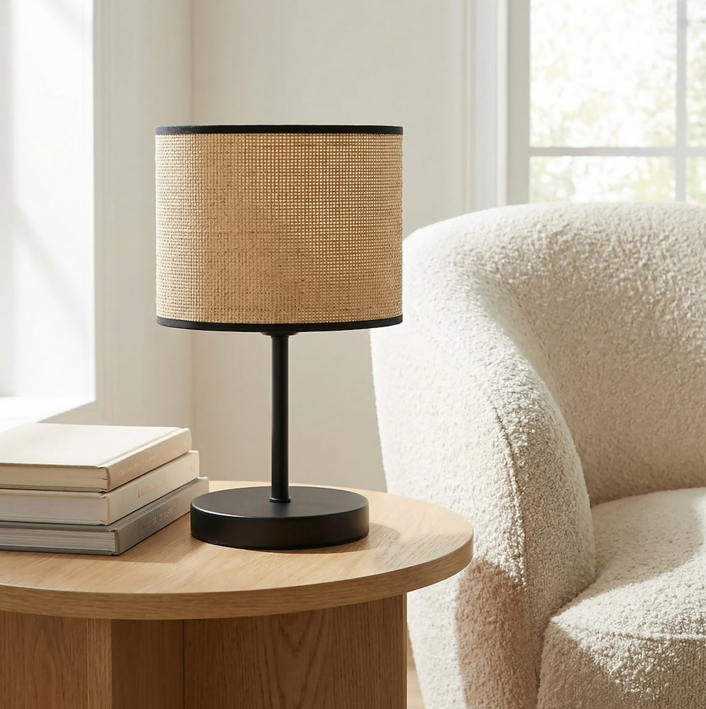Tafellamp gepoedercoat staal en rotan, minimalistisch Eco, zwart met naturel kap Ø 20 cm, E27, voor bureau of nachtkastje