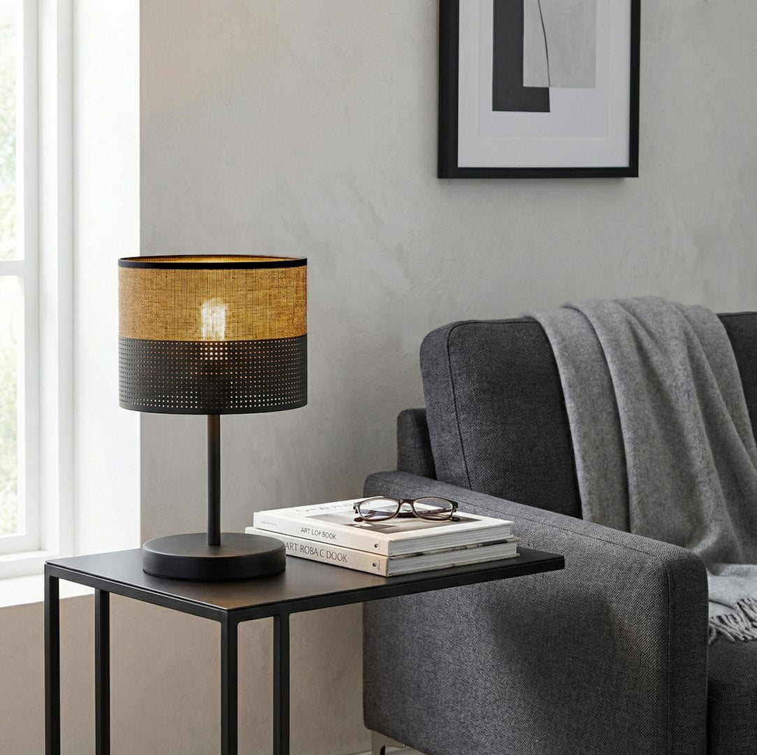 Tafellamp gepoedercoat staal minimalistisch Karbon, zwart met bruin stoffen kap Ø 20 cm, E27