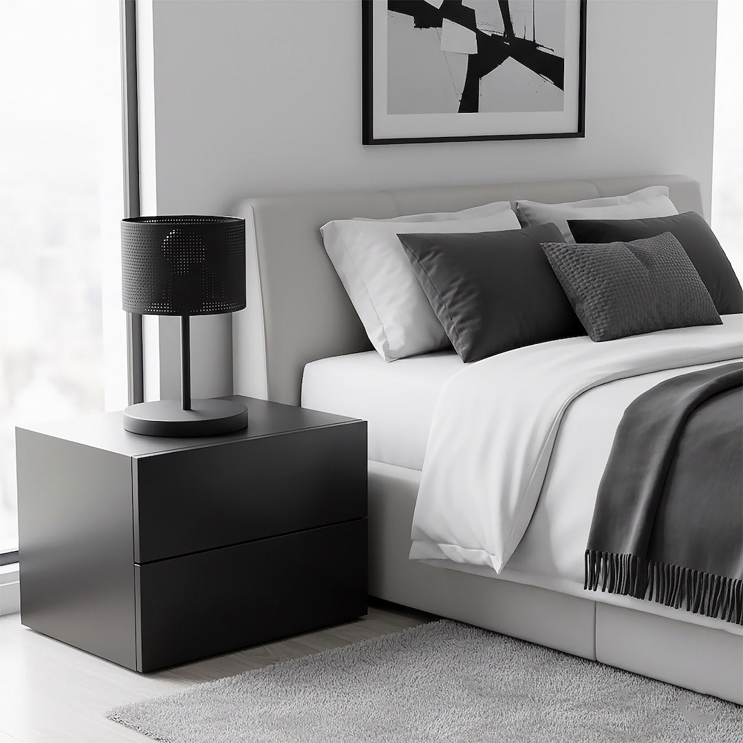 Tafellamp gepoedercoat staal met stoffen kap, modern, zwart, Ø 20 cm, E27 fitting voor bureau of nachtkastje