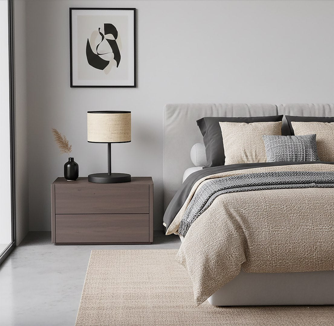 Tafellamp gepoedercoat staal en rotan, minimalistisch Eco, zwart met naturel kap Ø 20 cm, E27, voor bureau of nachtkastje
