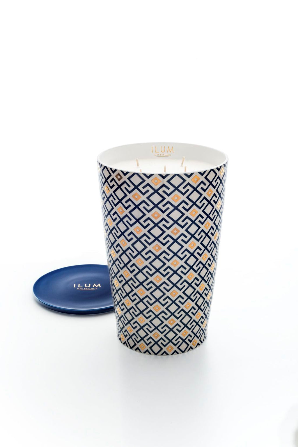 Geurkaars Ilum Fig Arabesque groot, vijg, kaneel en vanille, blauw met goud decor
