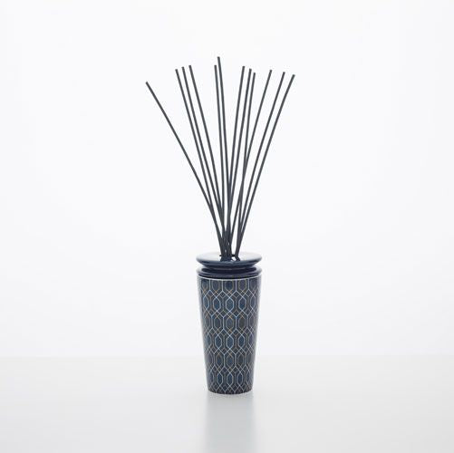 Geurdiffuser klein porselein Belgravia Lux, donkerblauw met geometrisch patroon, met geurstokjes voor slaapkamer, kantoor of badkamer