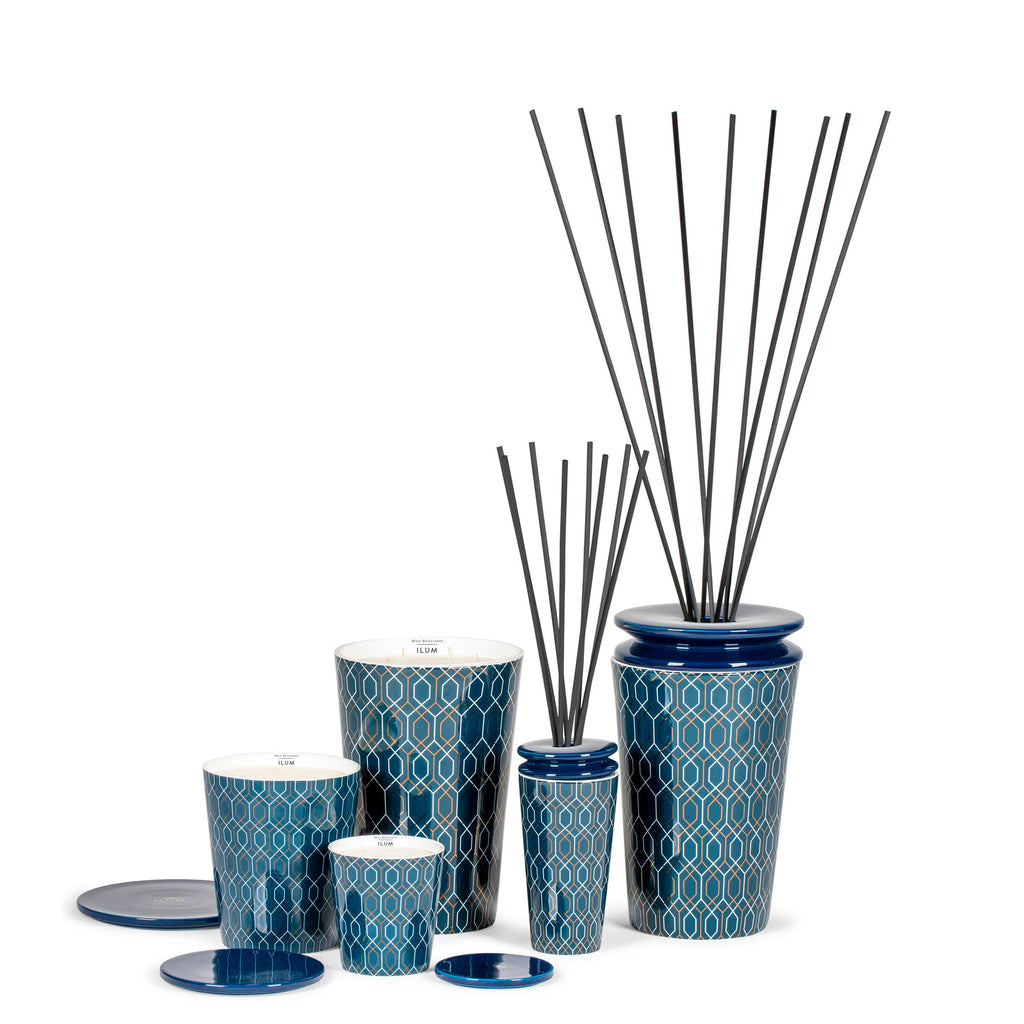 Geurdiffuser klein porselein Belgravia Lux, donkerblauw met geometrisch patroon, met geurstokjes voor slaapkamer, kantoor of badkamer