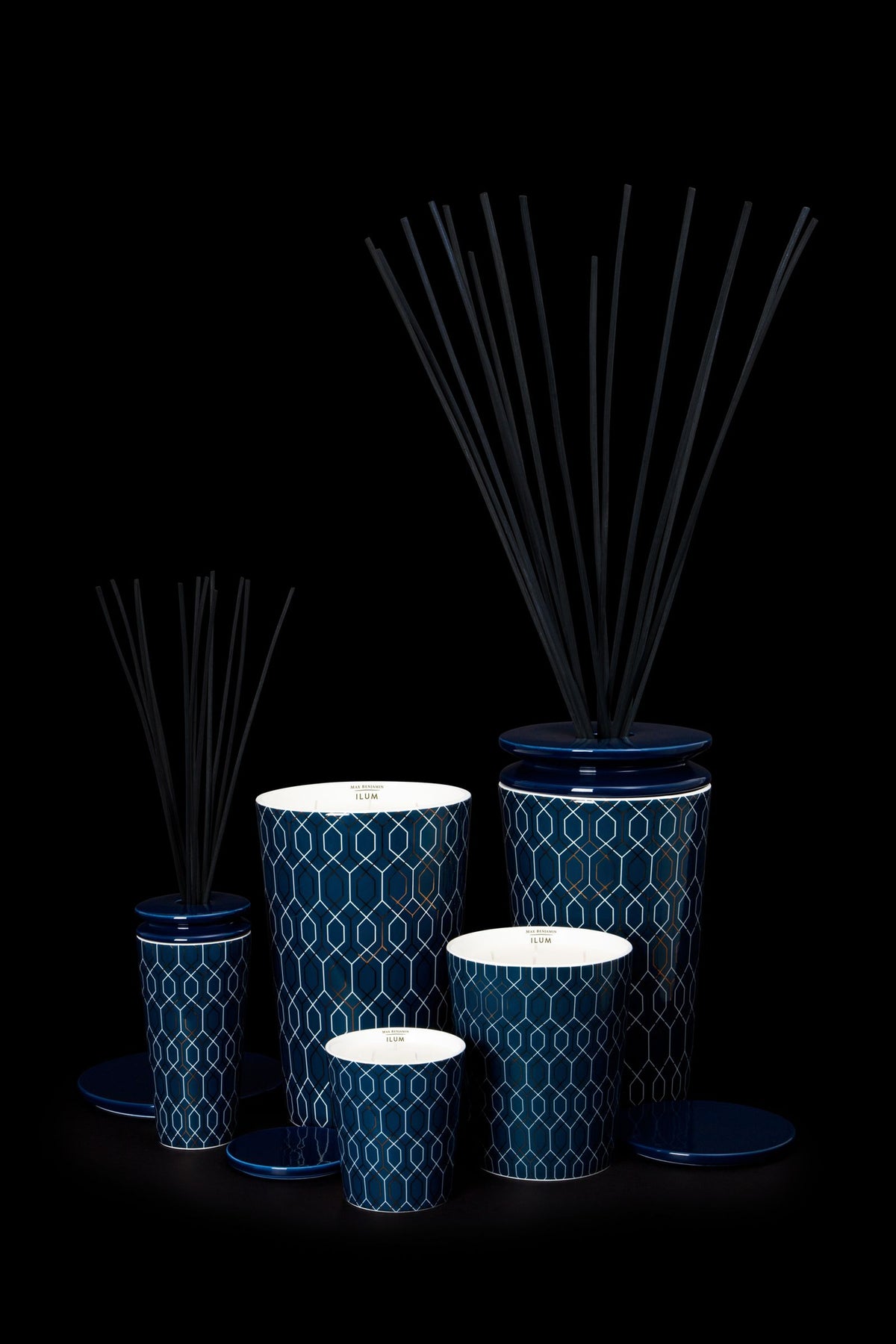 Geurdiffuser klein porselein Belgravia Lux, donkerblauw met geometrisch patroon, met geurstokjes voor slaapkamer, kantoor of badkamer