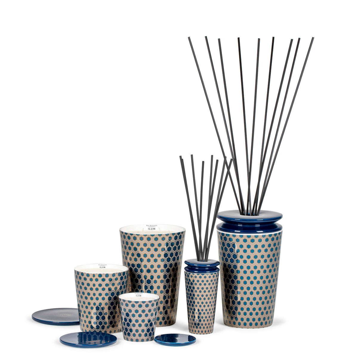 Geurdiffuser Ilum Cologne Retro porselein blauw met geometrisch patroon, klein, met geurstokjes