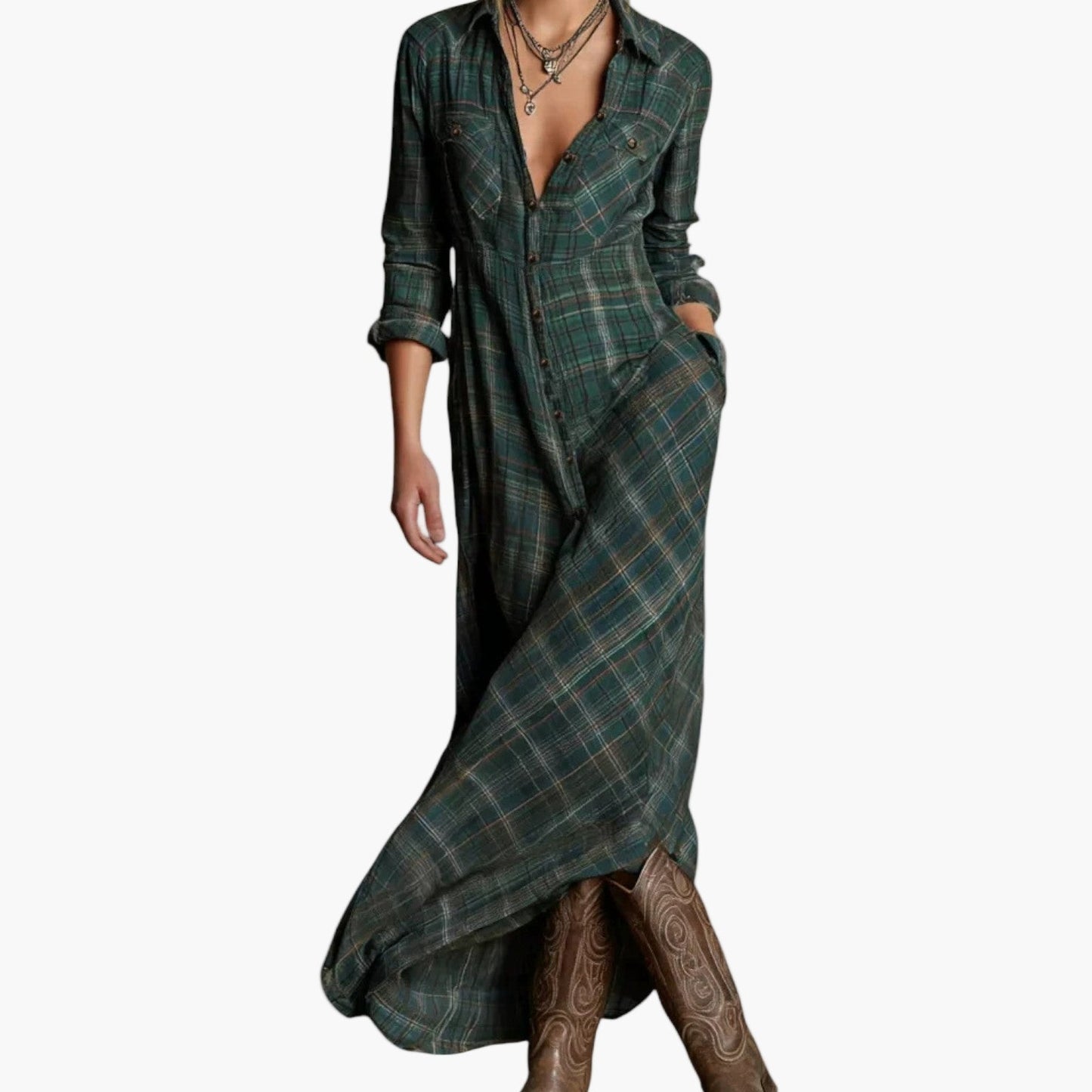 Damen Maxi-Hemdblusenkleid im Karomuster – Lässiger, eleganter Alltagslook