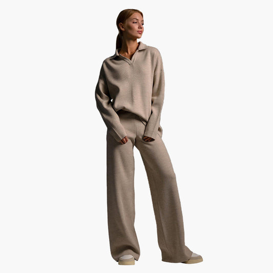 Damen Loungewear Set – Oversize Strickpullover mit Kragen und Weite Hose – Komfortabler Freizeitanzug für Zuhause und Alltag
