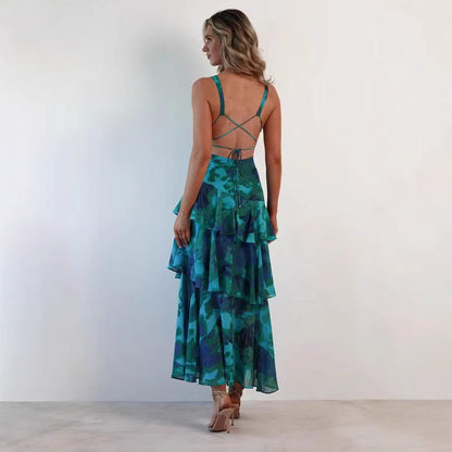 Damen Asymmetrisches Volant-Maxikleid für festliche Anlässe und Partys