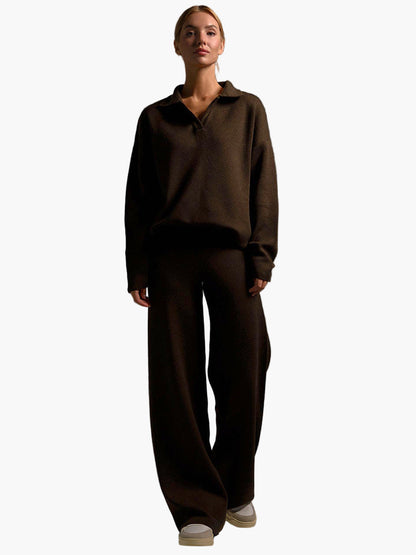 Women's loungewear set – oversized knit sweater with collar and wide pants – comfortable casual suit for home and everyday use