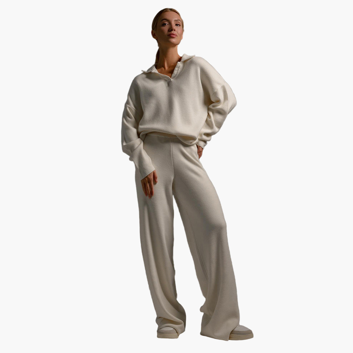 Women's loungewear set – oversized knit sweater with collar and wide pants – comfortable casual suit for home and everyday use