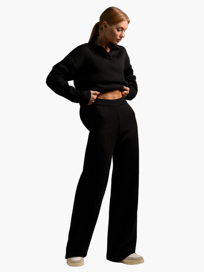 Women's loungewear set – oversized knit sweater with collar and wide pants – comfortable casual suit for home and everyday use