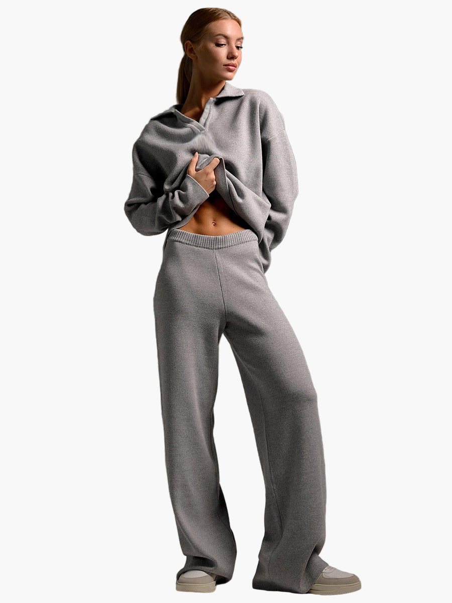 Women's loungewear set – oversized knit sweater with collar and wide pants – comfortable casual suit for home and everyday use
