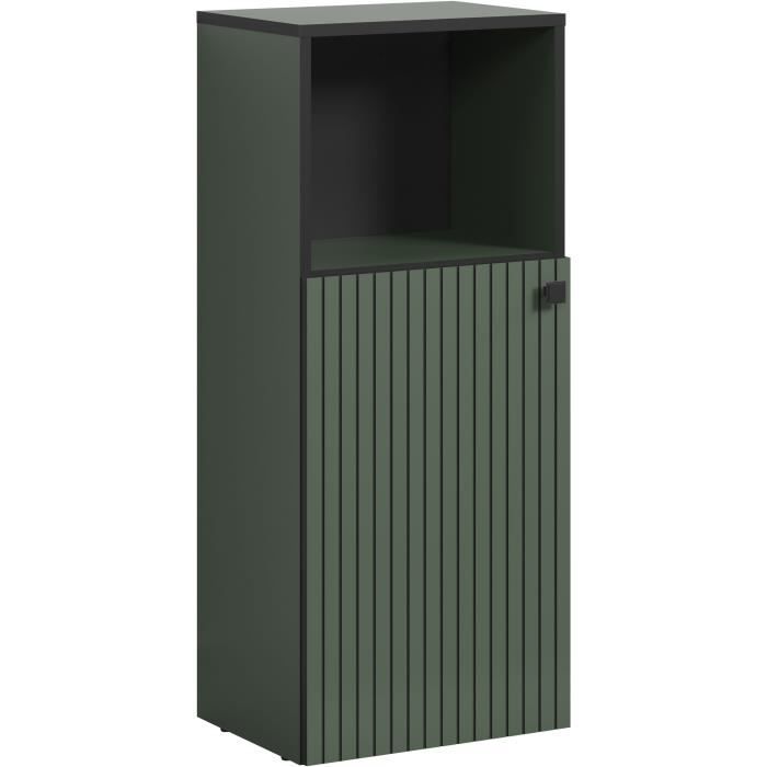 Badkamerkast saliegroen met zwart, open vak en gegroefd deurfront, L40 x H95 x D31 cm