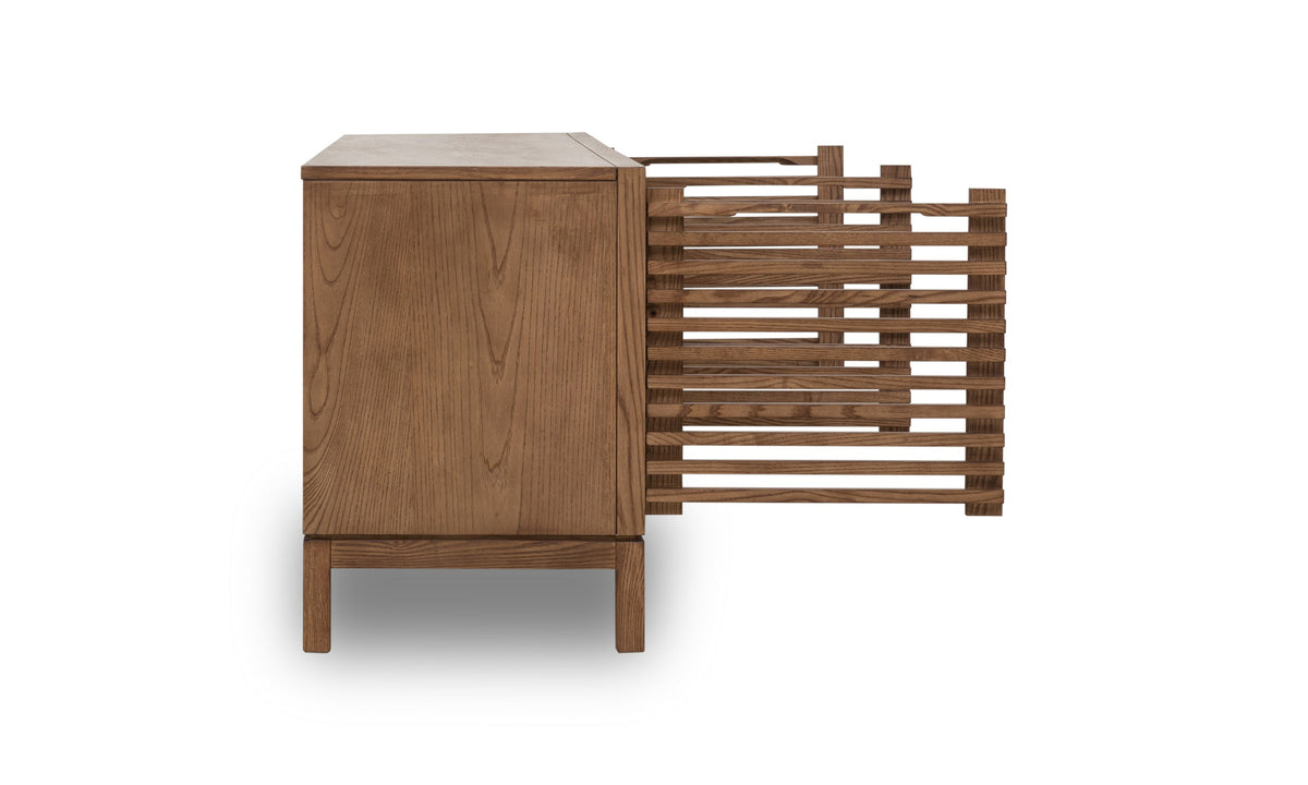 Tv-meubel essenhout Tanner Japandi Roux bruin 198 x 46 x 66 cm, vierdeurs met lamellenfronten