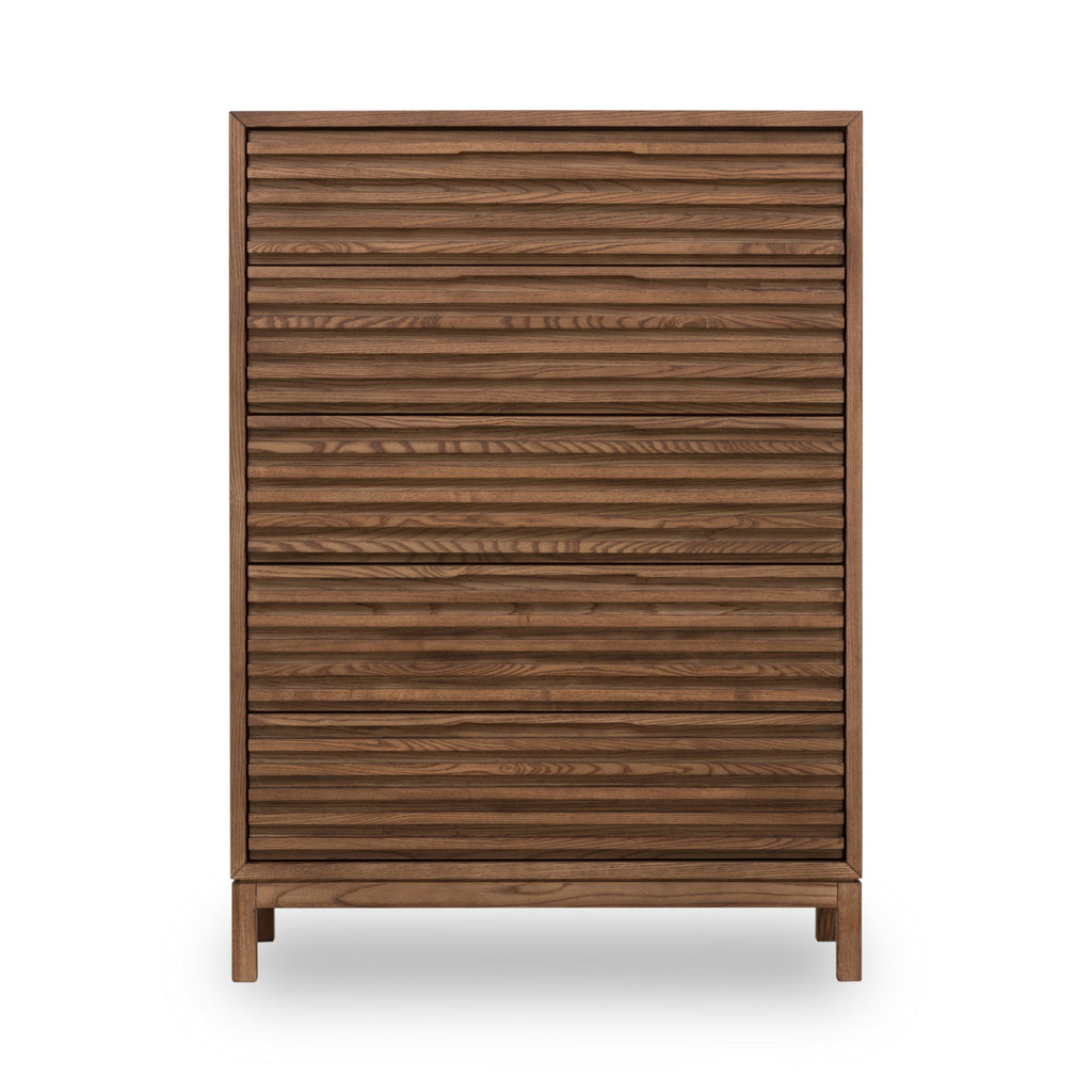 Ladekast essenhout massief Tanner, Roux bruin, 5 lades – H132 x B107 x D46 cm, voor slaapkamer