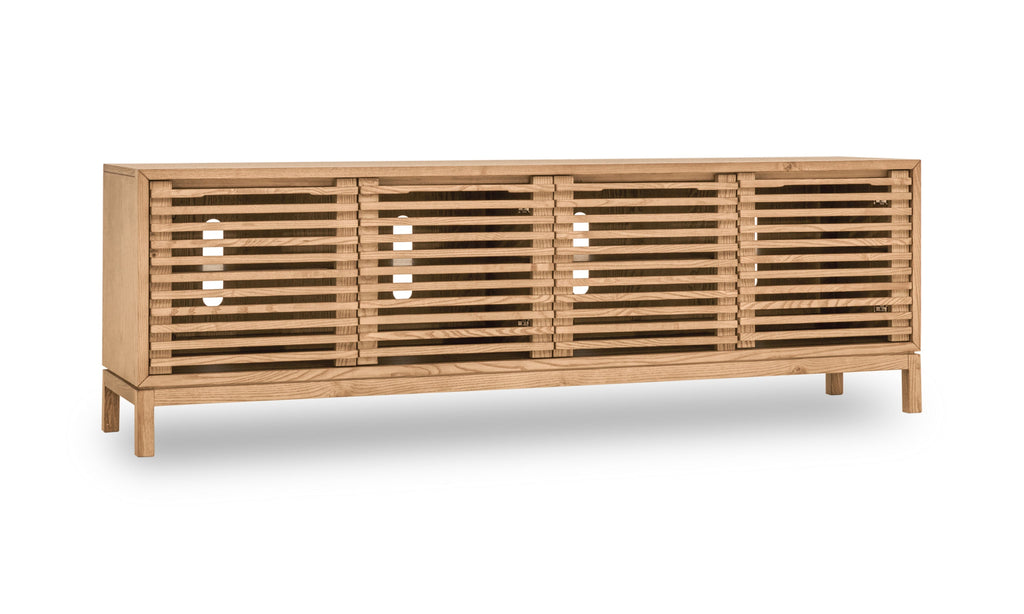 Tv-meubel essenhout Tanner Japandi lamellen vlaskleur 198 x 46 x 66 cm, vierdeurs mediaconsole
