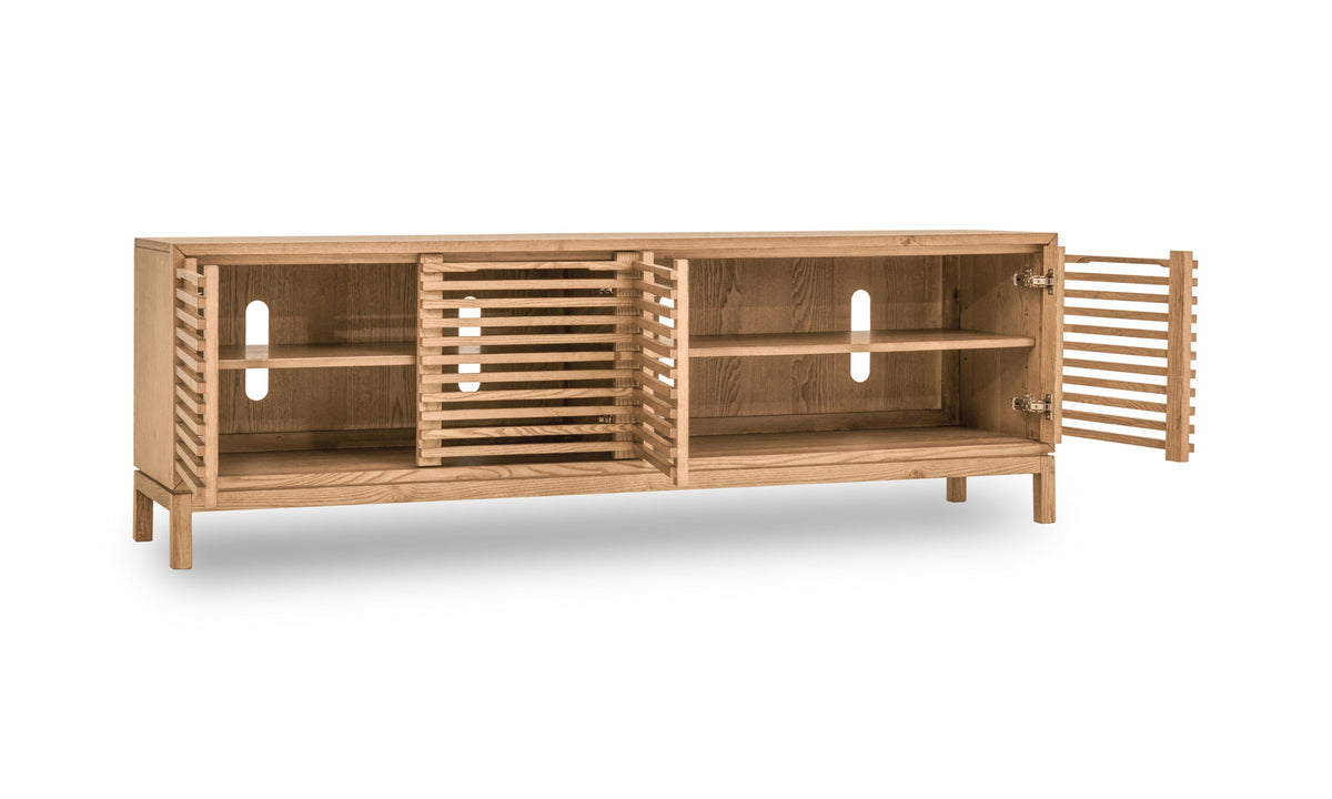 Tv-meubel essenhout Tanner Japandi lamellen vlaskleur 198 x 46 x 66 cm, vierdeurs mediaconsole