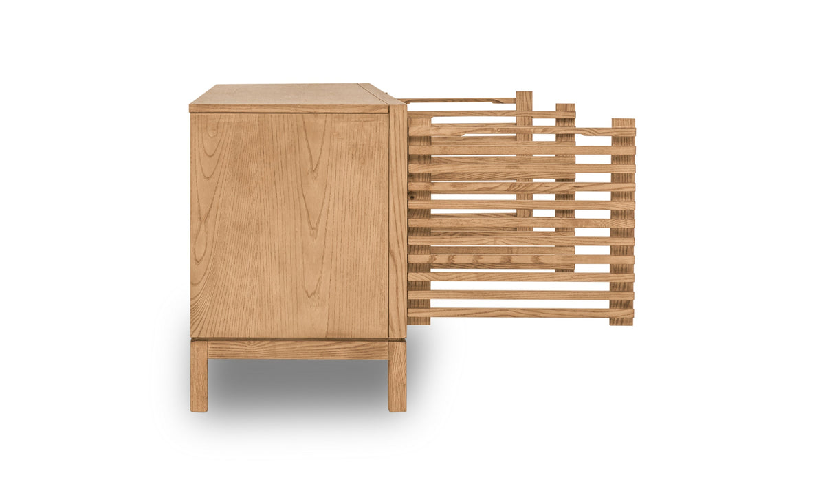 Tv-meubel massief essenhout Tanner lamellen Flaxen naturel, drie deuren – B 124 x D 46 x H 66 cm