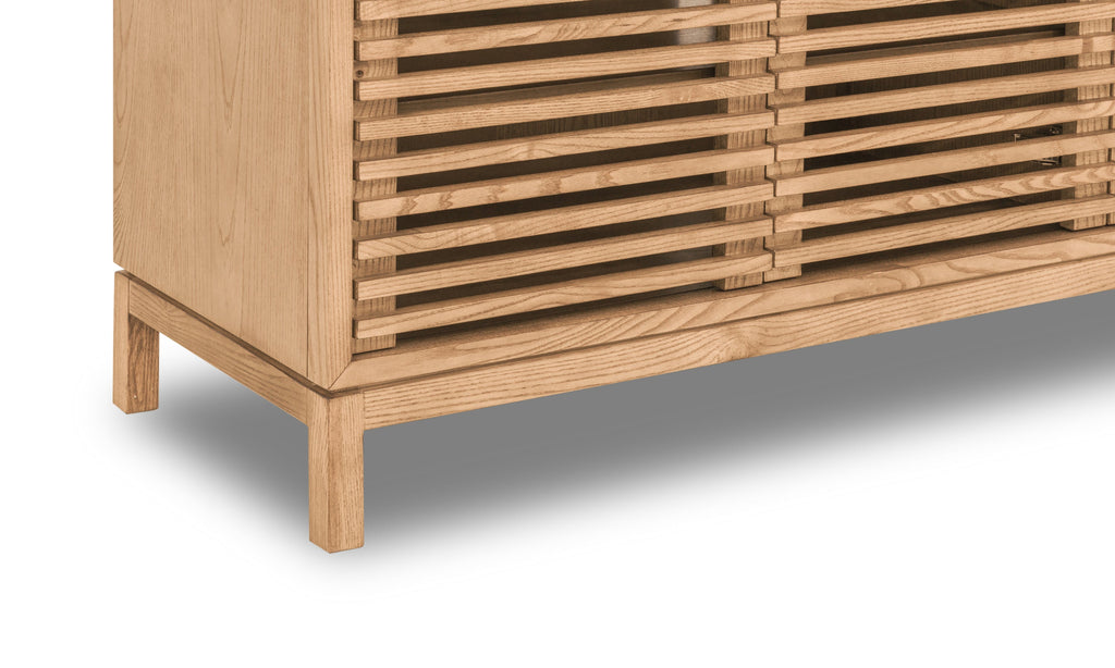 Tv-meubel massief essenhout Tanner lamellen Flaxen naturel, drie deuren – B 124 x D 46 x H 66 cm