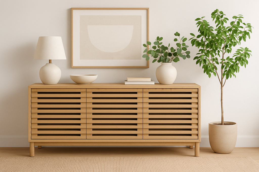 Tv-meubel massief essenhout Tanner lamellen Flaxen naturel, drie deuren – B 124 x D 46 x H 66 cm