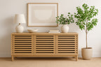 Tv-meubel massief essenhout Tanner lamellen Flaxen naturel, drie deuren – B 124 x D 46 x H 66 cm