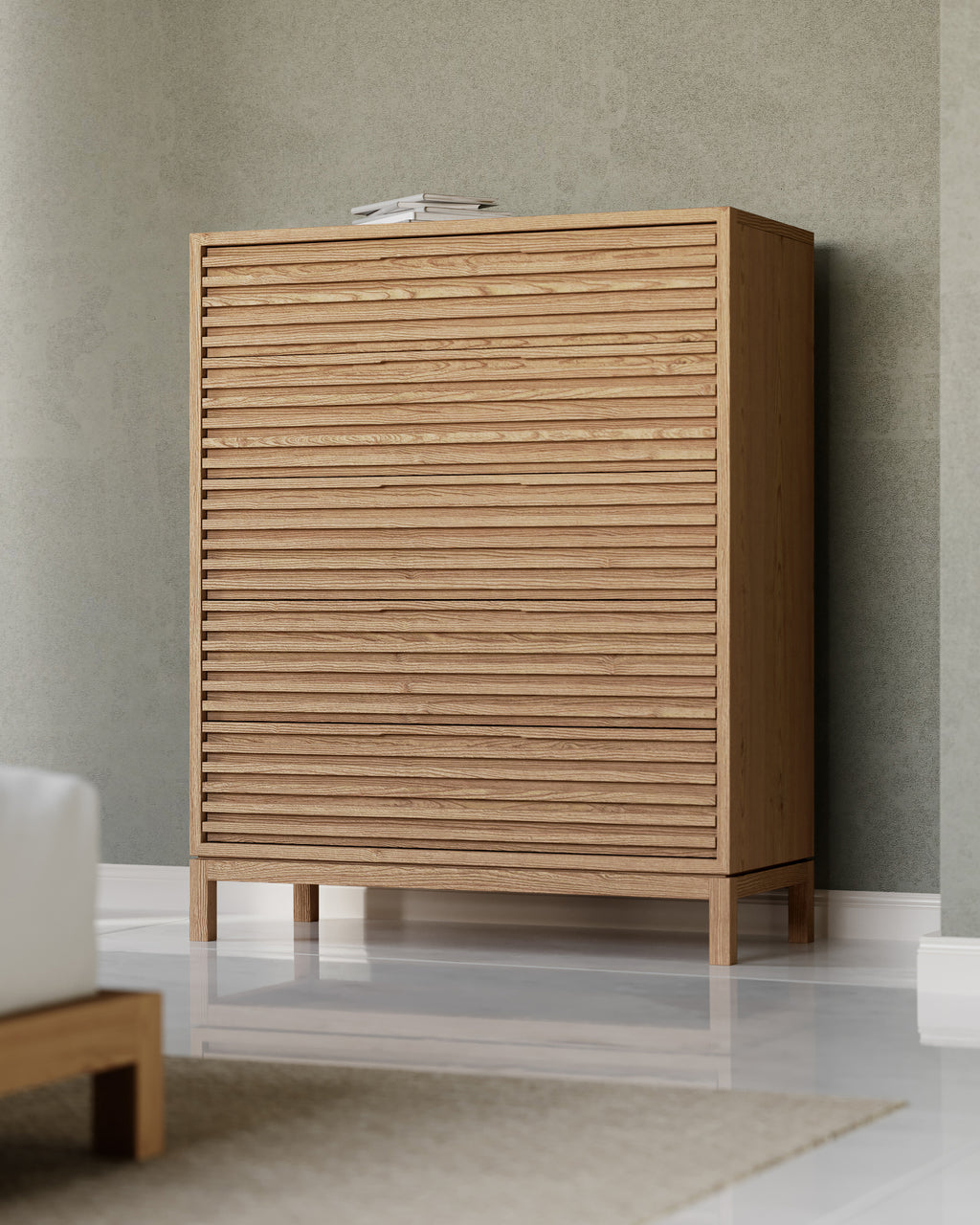 Ladekast essenhout met 5 laden, Tanner Japandi lamellenfront, flaxen naturel – 107 x 46 x 132 cm