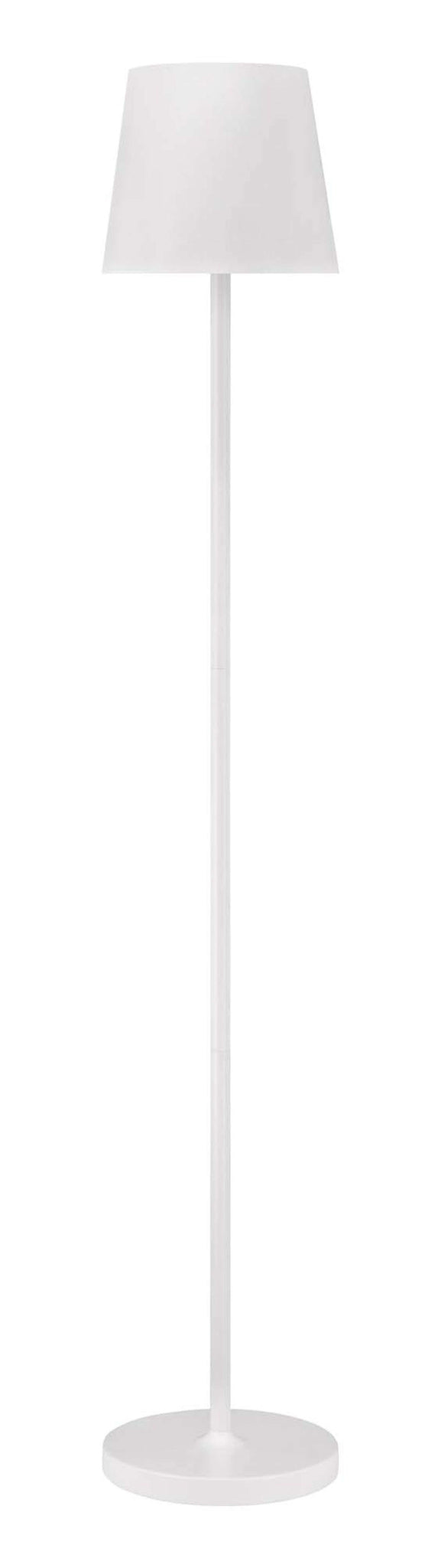 Witte vloerlamp met conische kap, slanke stang en ronde voet