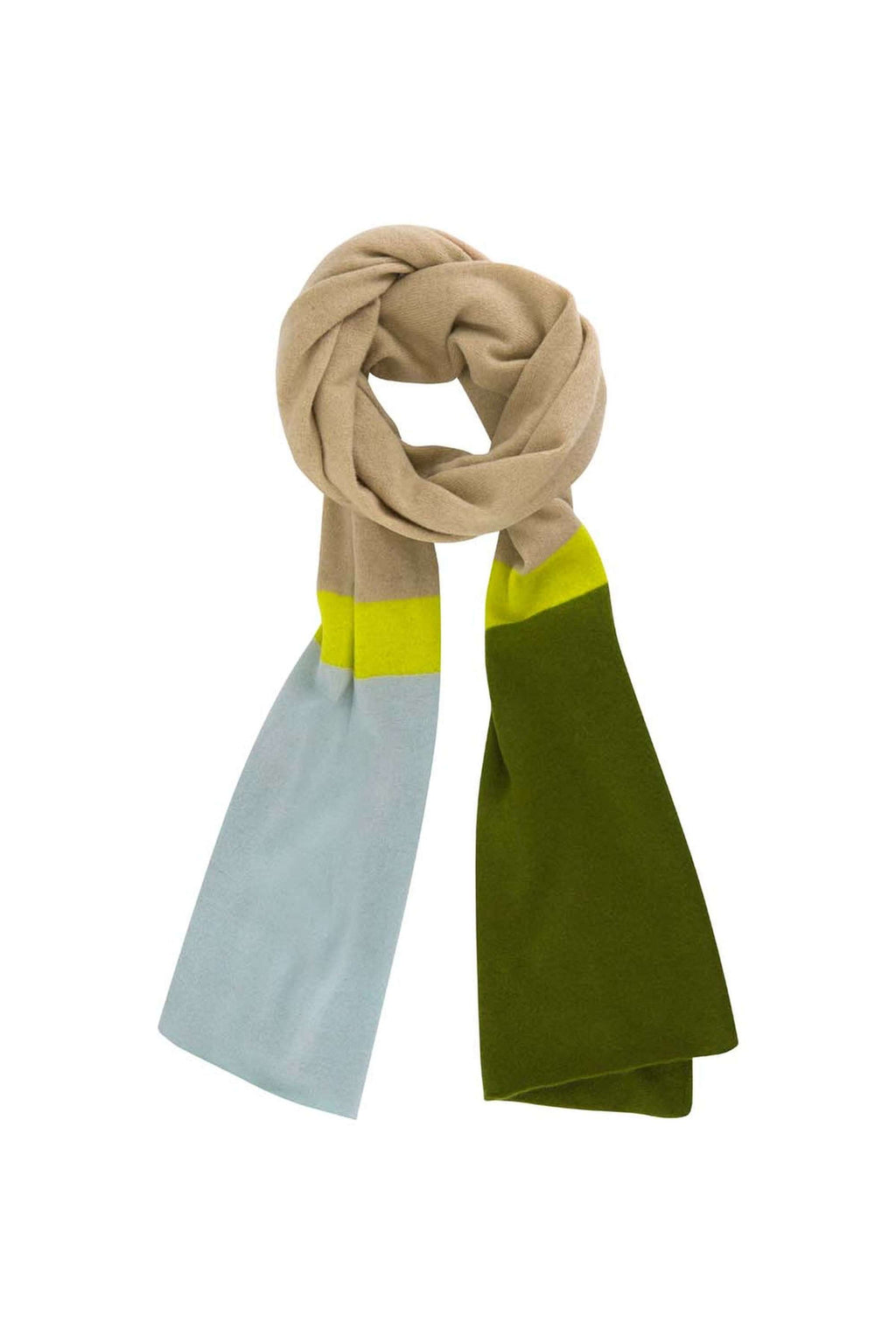 Opgerolde sjaal met kleurblokken in beige, geelgroen, lichtblauw en olijfgroen op een witte achtergrond