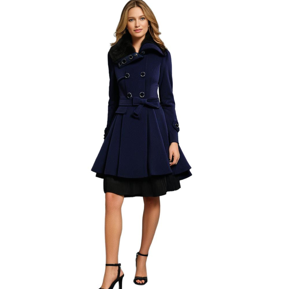 Women's winter coat with faux fur collar – Elegant tailored trench coat for stylish appearances