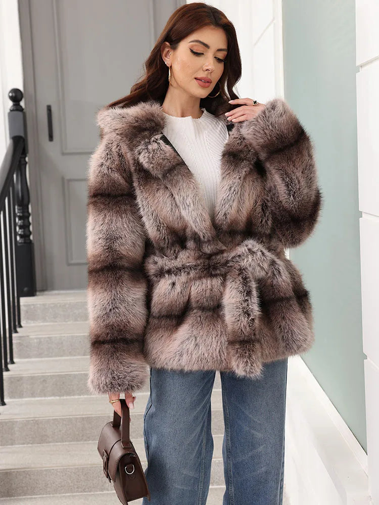 Women's striped faux-fur jacket with hood and tie belt