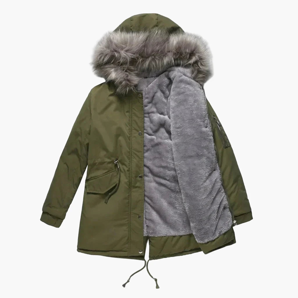 Women's winter parka with hood and faux fur – fashionable outdoor jacket for cold days