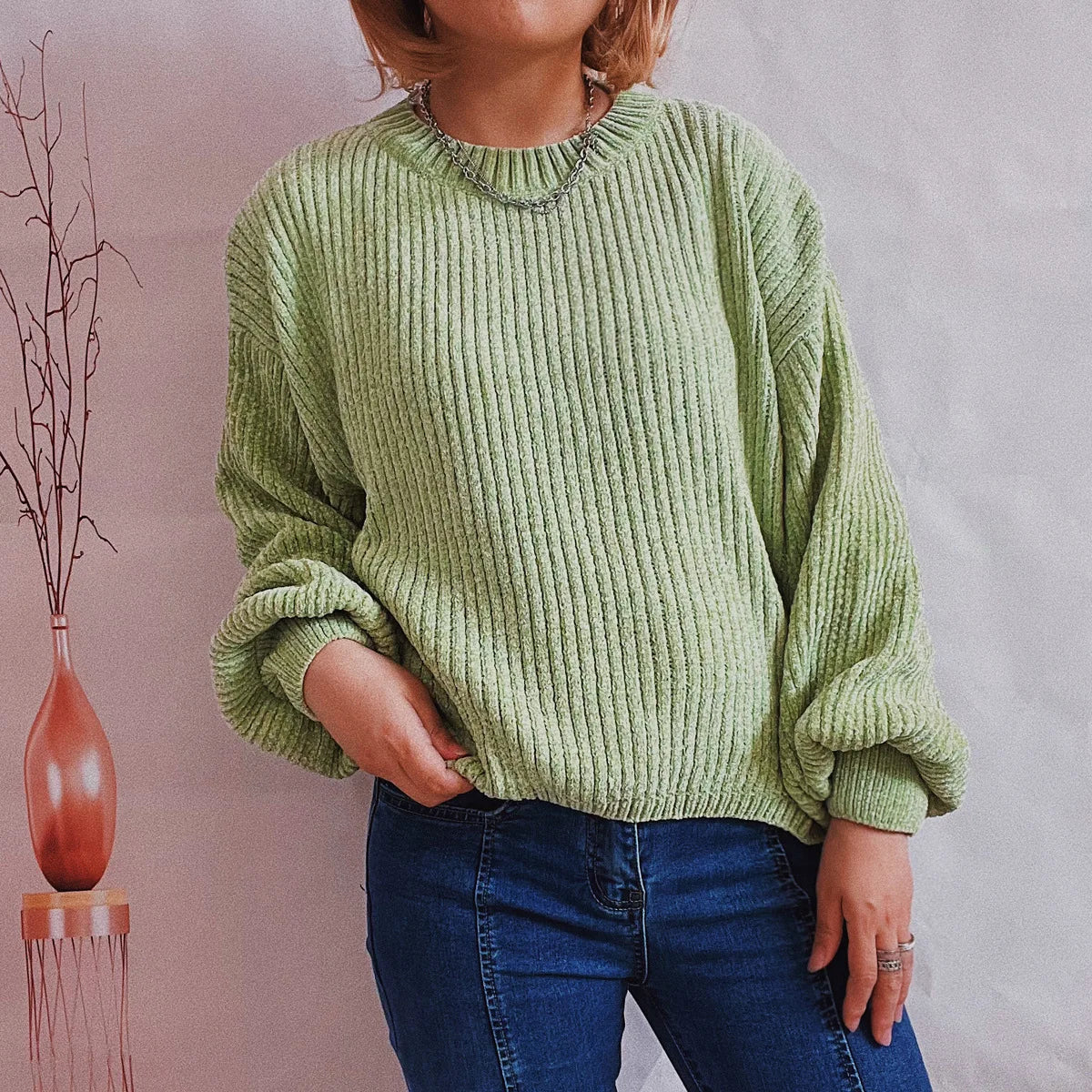 Damen Rib-Pullover Weiche Struktur Langarm Schwarz