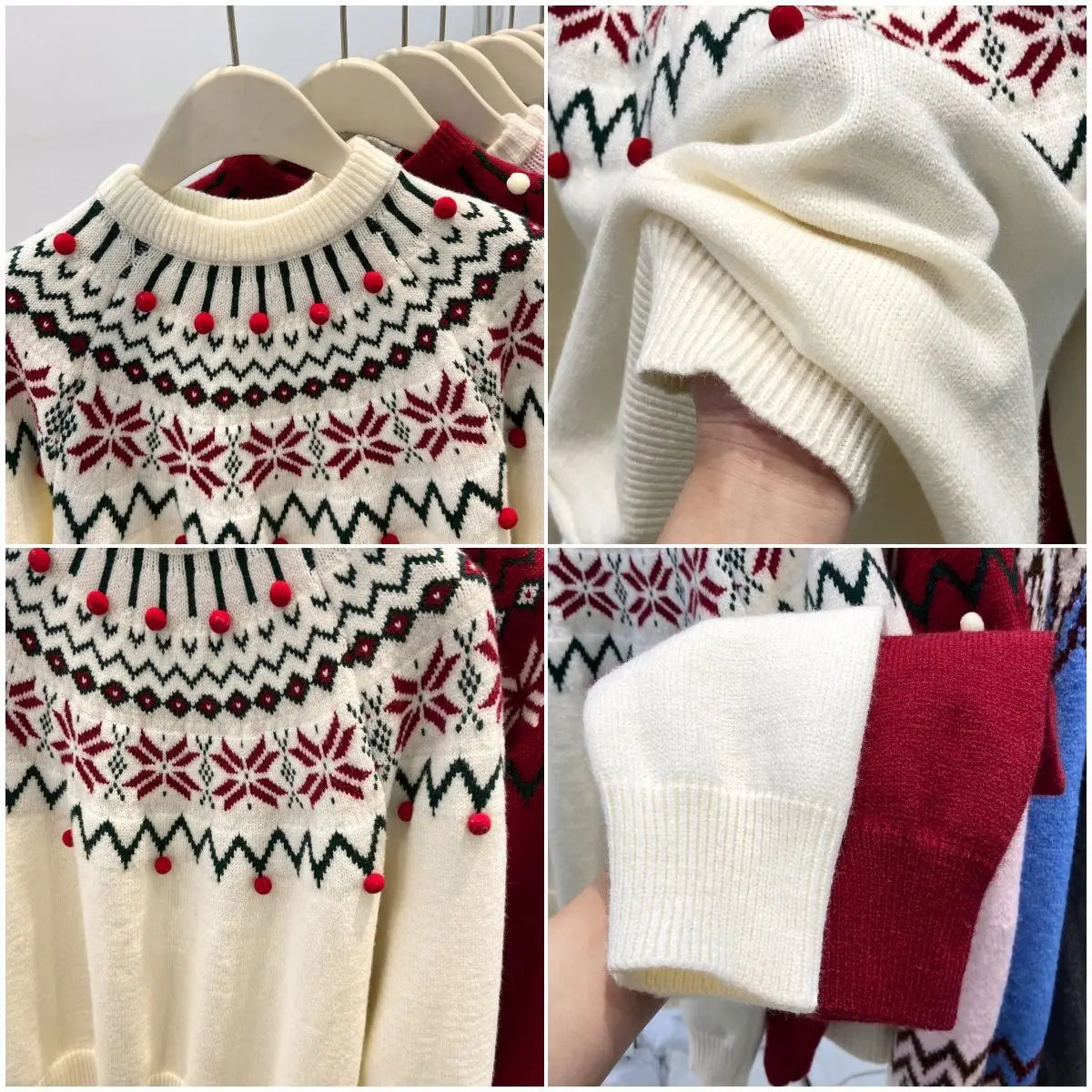 Women's Fair Isle sweater with turtleneck and decorative beads, white