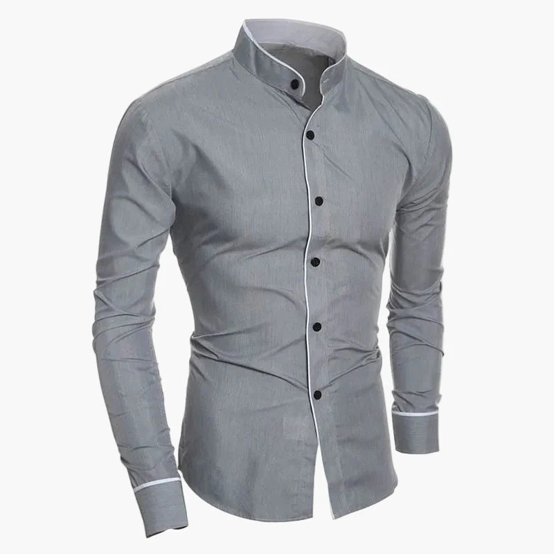 Men's Slim Fit Stand Collar Shirt – Fashionable Business & Casual Shirt with Contrast Elements, Long Sleeve