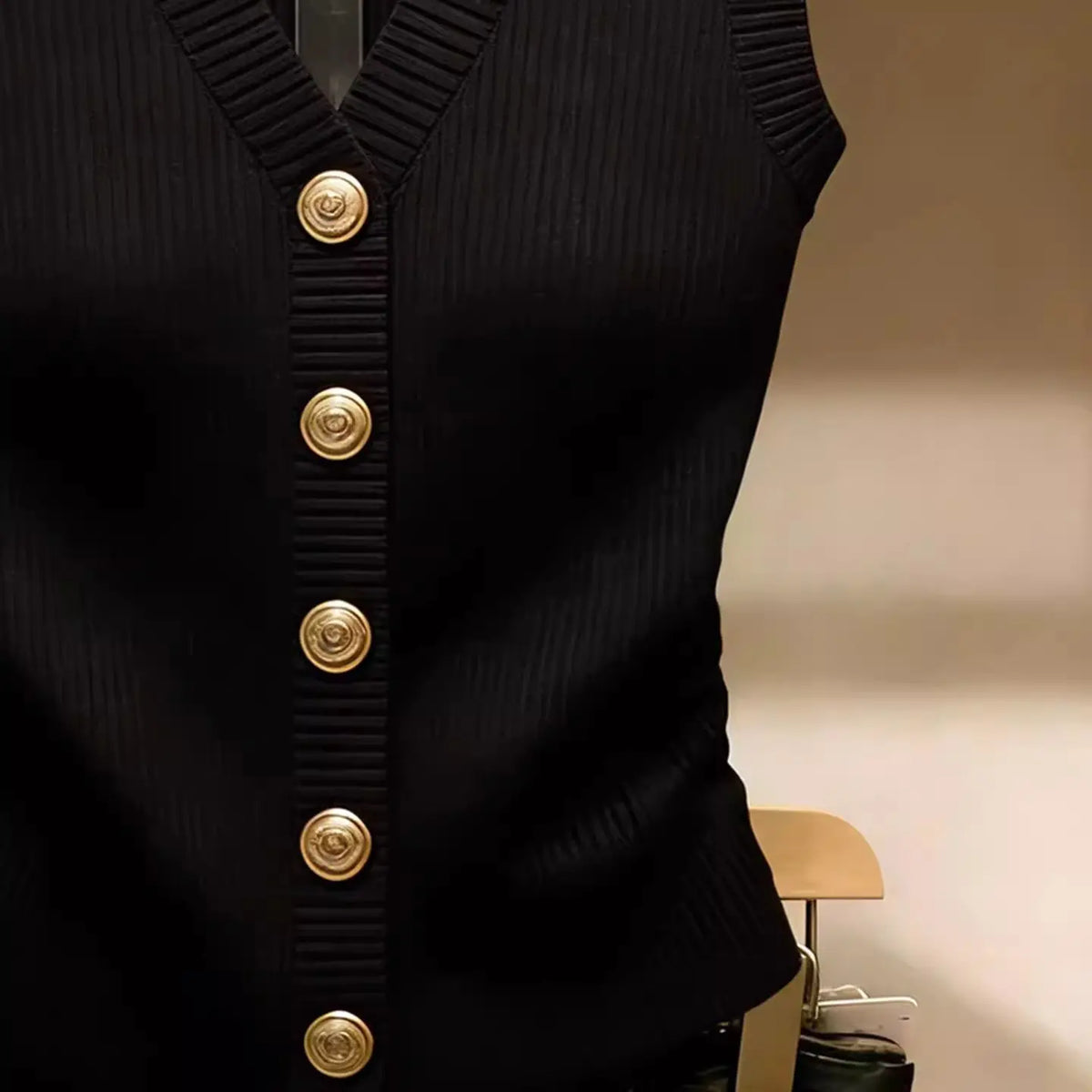 Black women's knitted vest V-neck gold buttons sleeveless ribbed knit