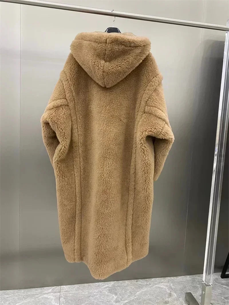 Women's long teddy coat with hood & teddy brooch