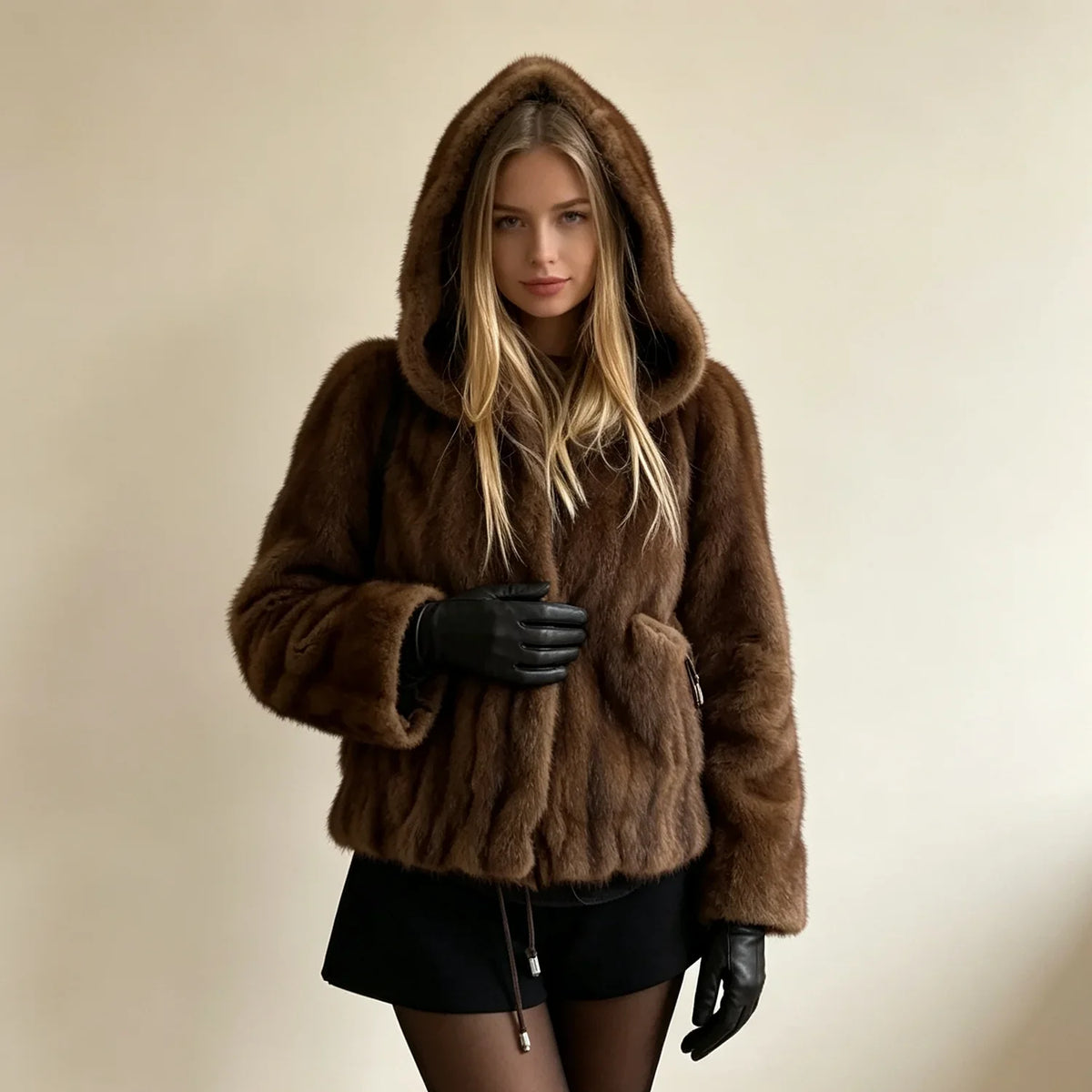Short women's faux fur jacket with hood and zipper, dark brown