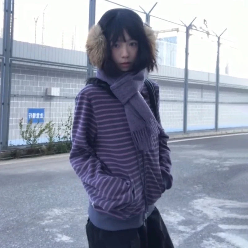 Women's striped zip-up hoodie with long sleeves and hood, lilac-gray mélange