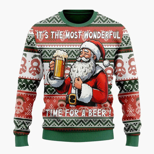 Herren Weihnachtspullover Lustig – Santa mit Bier – Ugly Christmas Sweater für Weihnachtsfeiern