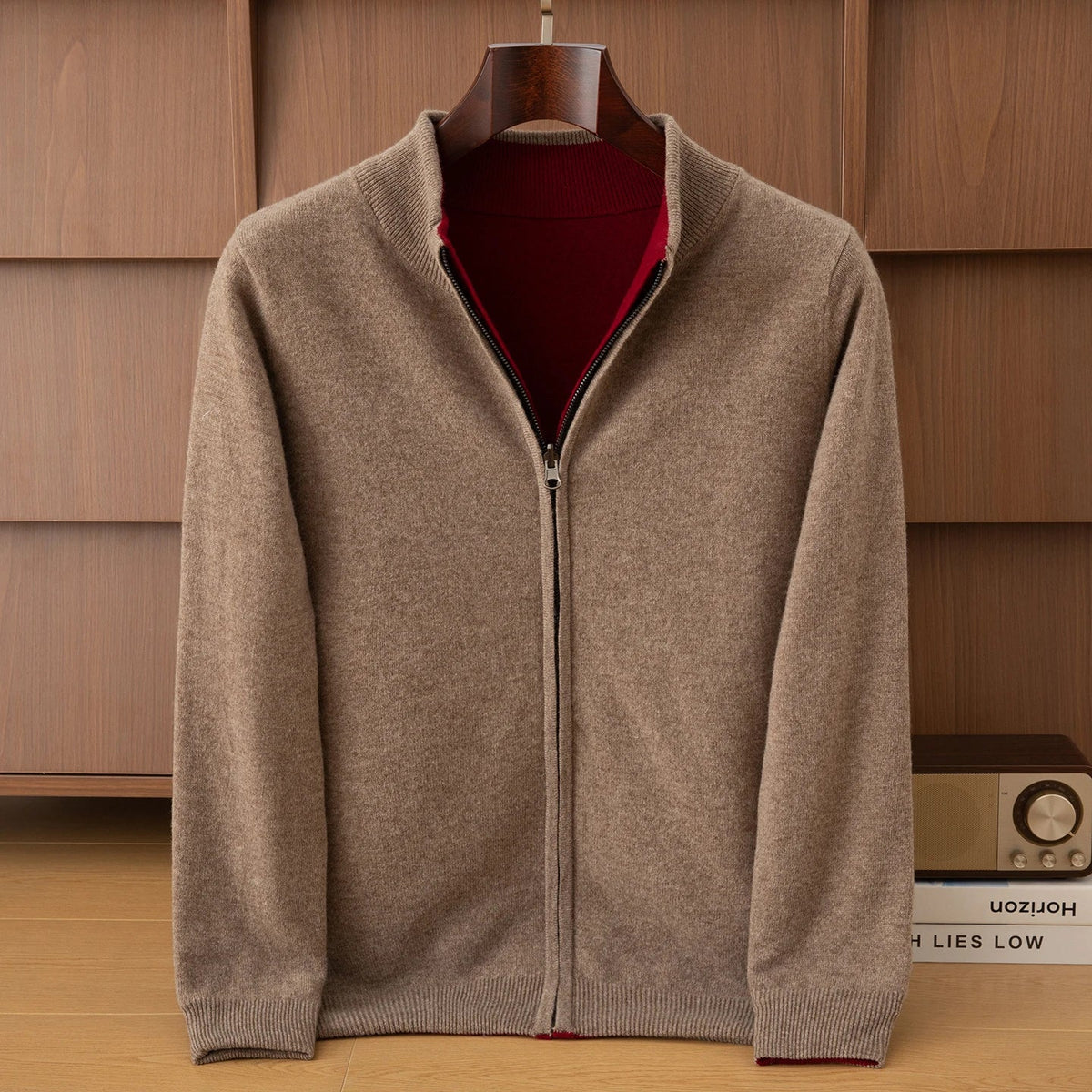 Wende-Strickjacke mit Stehkragen und Reißverschluss