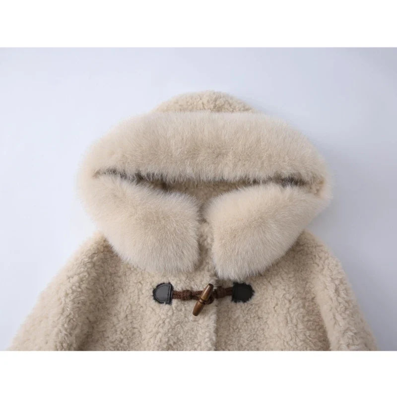 Damen Dufflecoat im Teddy-Stil mit Kapuze und Fellkragen Beige