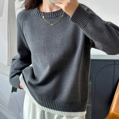 Women's crew-neck long-sleeve knit sweater with ribbed cuffs, light blue