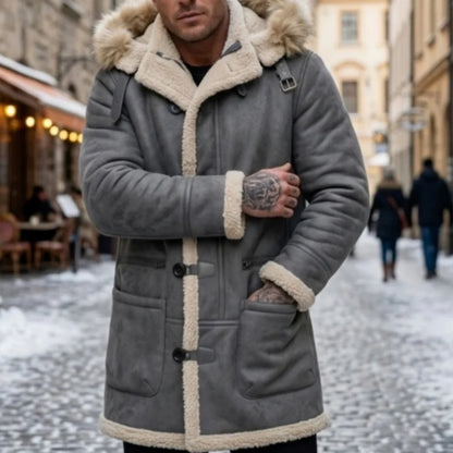 Men's winter parka with hood, teddy lining and toggle closure, gray
