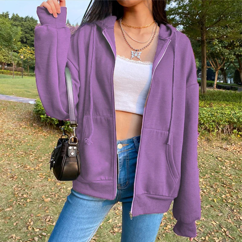 Women's Zip-Up Hoodie Jacket with Hood, Loose Fit