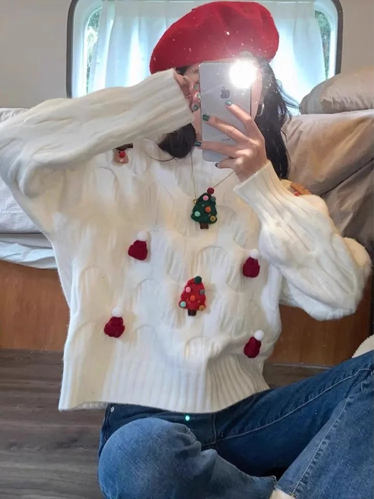 Weihnachtspullover Damen Strickpullover Rundhals mit Applikationen