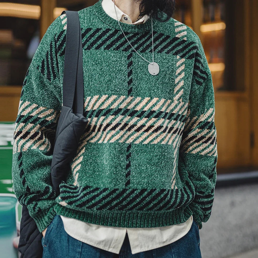 Herren Strickpullover Rundhals Plaid Muster Braun-Schwarz