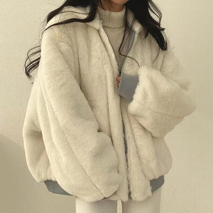 Damen Bomberjacke mit Kapuze Teddyfleece Wendbar Hellbeige