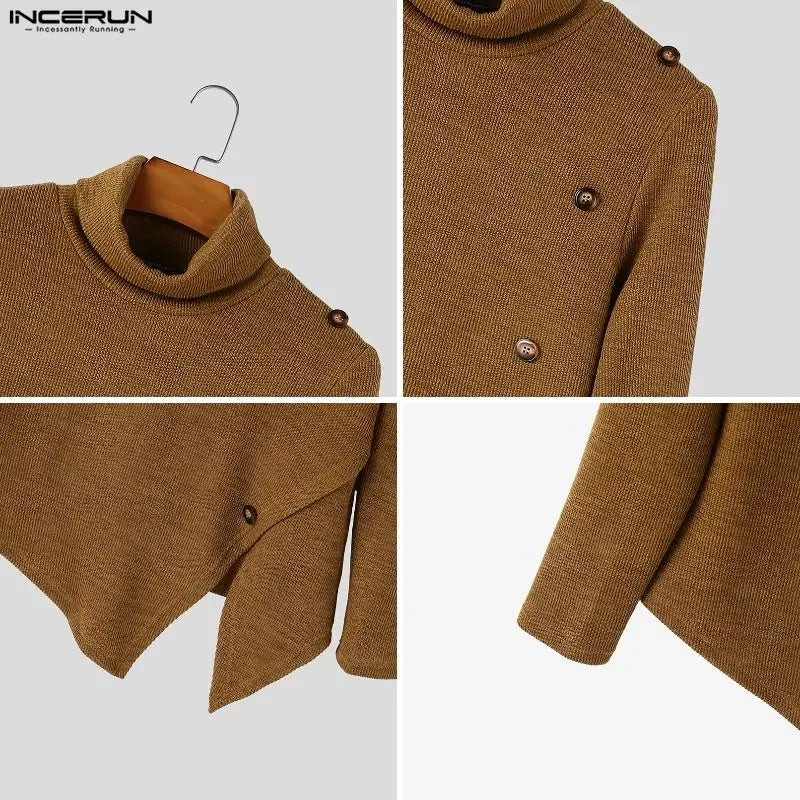 Men's turtleneck sweater, long sleeve, asymmetrical hem, buttons, rib knit, beige